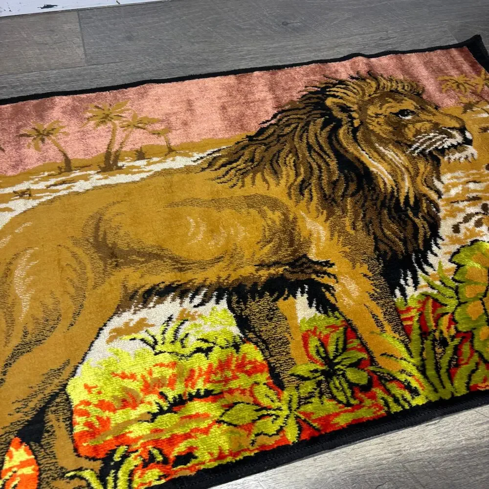 Vintage Italian Made Velvet Lion Wall Tapestry Colorful